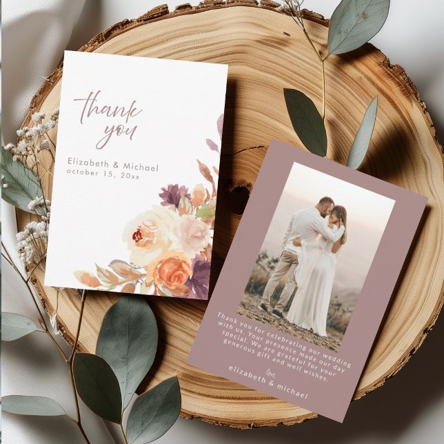 Autumn Fall Floral Photo Wedding Thank You Card (Creator Uploaded)