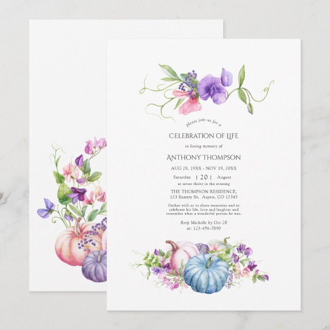 Autumn - Fall Floral Pumpkin Celebration of Life Invitation (Front/Back)