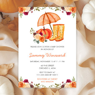 Autumn Fall Floral Pumpkins Boots Baby Shower Invitation