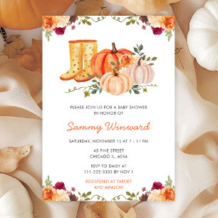 Autumn Fall Floral Pumpkins Boots Baby Shower Invitation