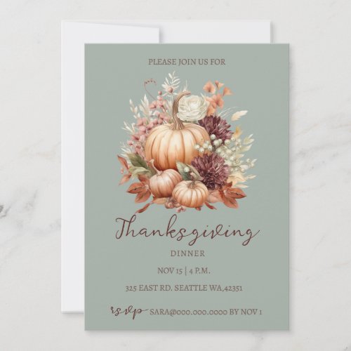 Autumn Fall Floral Pumpkins Thanksgiving Dinner Invitation