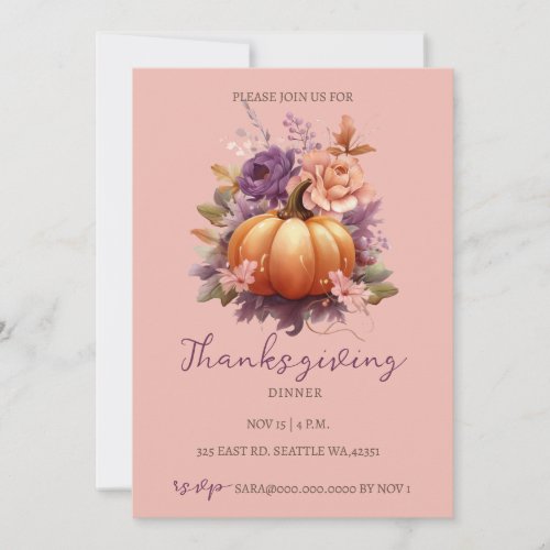 Autumn Fall Floral Pumpkins Thanksgiving Dinner Invitation