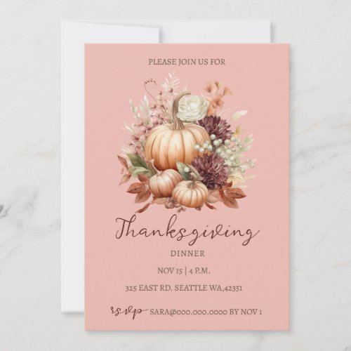 Autumn Fall Floral Pumpkins Thanksgiving Dinner Invitation