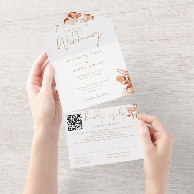 Autumn Fall Floral QR Code Gold Wedding All In One Invitation (Tearaway)