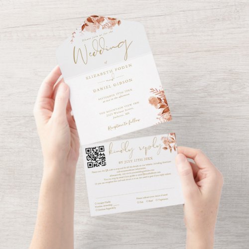 Autumn Fall Floral QR Code Gold Wedding All In One Invitation