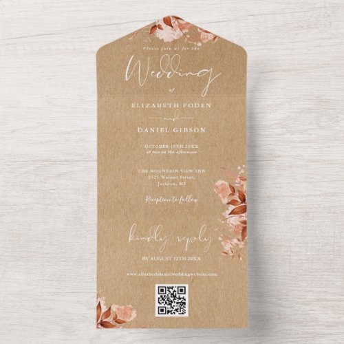 Autumn Fall Floral Rustic Kraft QR Code Wedding All In One Invitation