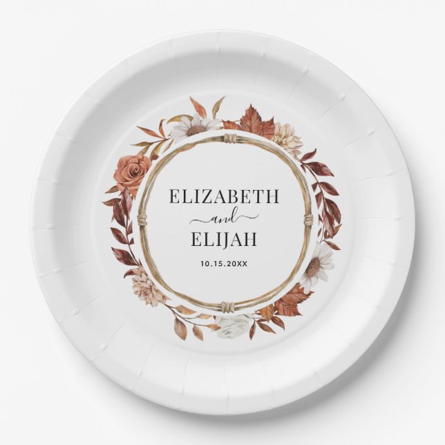 Autumn Fall Floral Terracotta Wedding Paper Plates (Front)