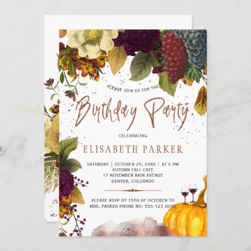 Autumn fall floral typography adult birthday party invitation