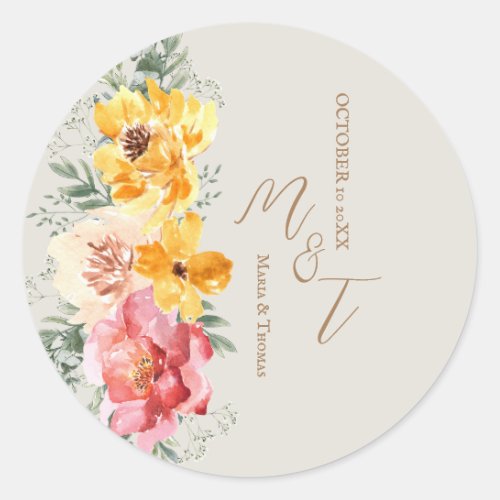 Autumn Fall Floral Wedding Monogram napkins Classic Round Sticker