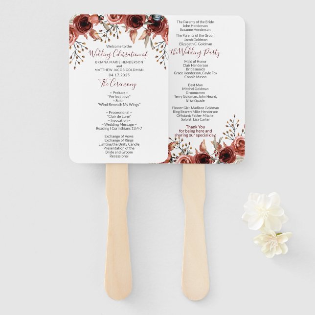Autumn Fall Floral Wedding Program Hand Fan (Front and Back)