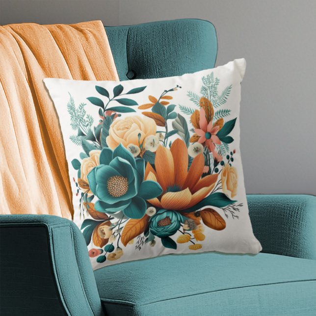Autumn Fall Flowers Bohemian Teal Orange Throw Pillow (Creator Uploaded)