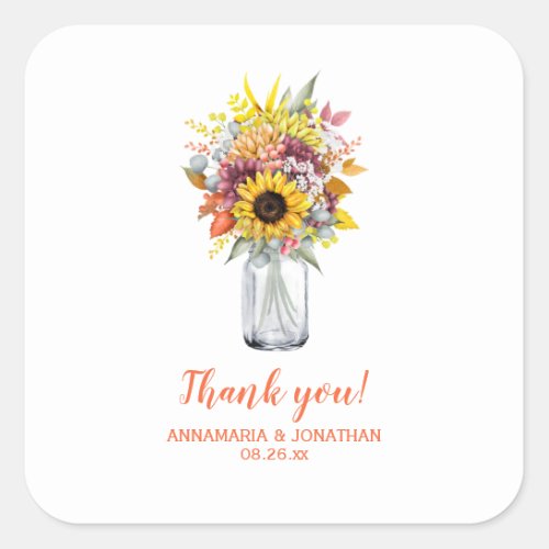 AutumnFall Flowers in Mason Jar Wedding Thank You Square Sticker