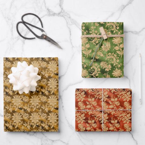 Autumn Fall Flowers on Green Gold and Copper Wrapping Paper Sheets