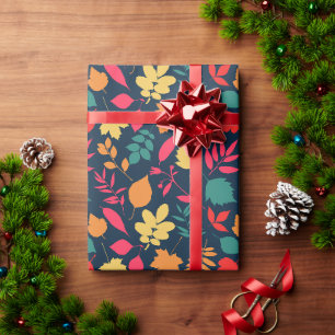 Autumn Fall Foliage Botanical Pattern Navy Wrapping Paper