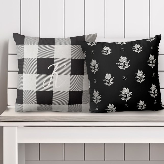 Autumn Fall Foliage Custom Monogram & Black Plaid Throw Pillow (Autumn Fall Foliage Custom Monogram & Black Plaid Throw Pillow)