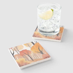 Autumn Fall Foliage Forest Watercolor Leaves Stone Coaster