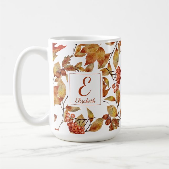 Autumn Fall Foliage Leaves Monogram Coffee Mug (Left)
