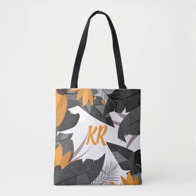 Autumn Fall Foliage Orange Gray Monogrammed Tote Bag (Front)