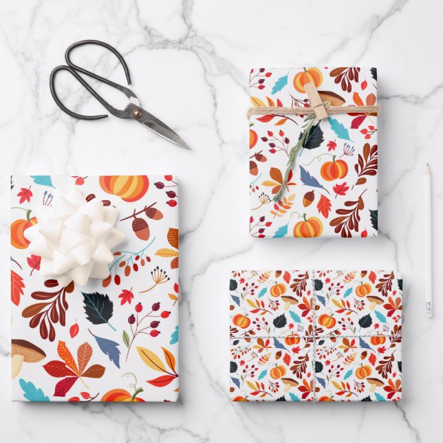 Autumn Fall Foliage Pumpkin Halloween Theme Wrapping Paper Sheets (Front)