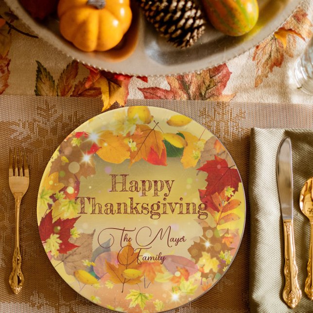 Autumn Fall Foliage Wreath Happy Thanksgiving Paper Plates (Creator Uploaded)