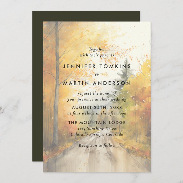 Autumn Fall Forest Watercolor Wedding Invitation (Front/Back)