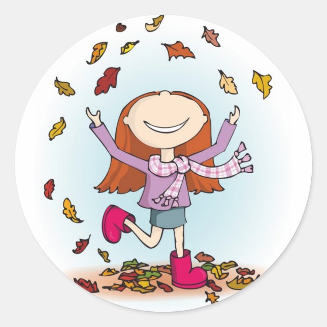 Autumn / fall fun in the leaves girl white sticker (Front)