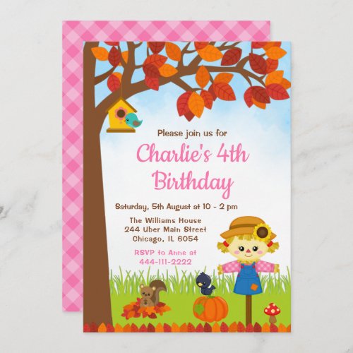 Autumn Fall Girl Scarecrow Birthday Invitation