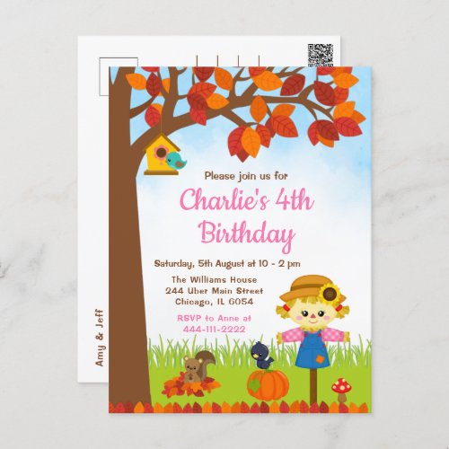 Autumn Fall Girl Scarecrow Birthday Postcard