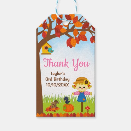 Autumn Fall Girl Scarecrow Birthday Thank You Gift Tags