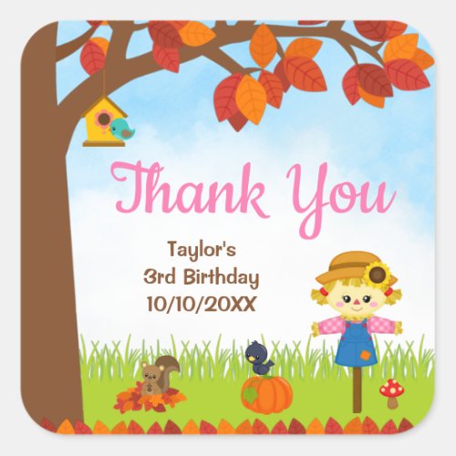Autumn Fall Girl Scarecrow Birthday Thank You Square Sticker