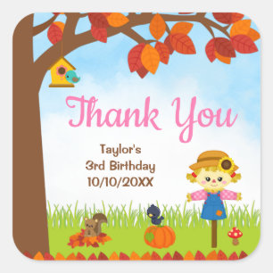 Autumn Fall Girl Scarecrow Birthday Thank You Square Sticker