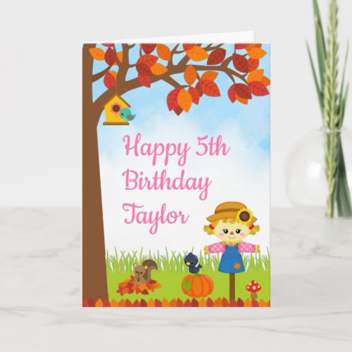 Autumn Fall Girl Scarecrow Happy Birthday Card