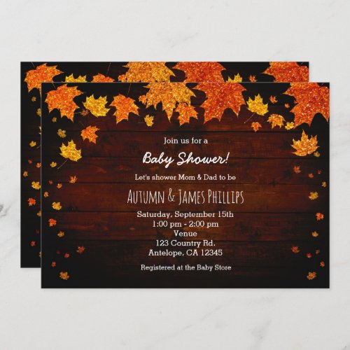 Autumn Fall Glitter Leaves Baby Shower Invitations