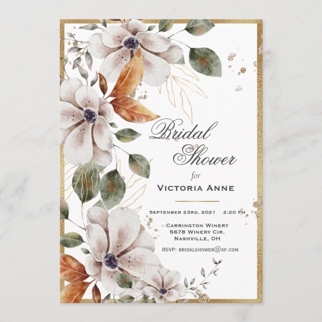 Autumn Fall Gold Watercolor Floral Bridal Shower  Invitation (Front)