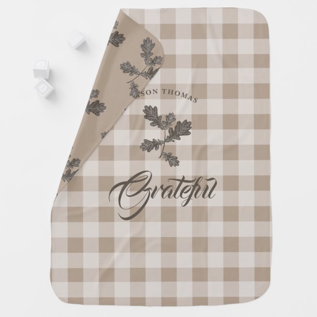 Autumn Fall Gratitude Foliage Taupe Plaid Baby Blanket (In Situ)