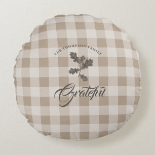 Autumn Fall Gratitude Foliage Taupe Plaid Round Pillow