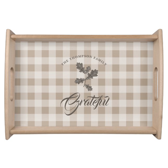 Autumn Fall Gratitude Foliage Taupe Plaid Serving Tray (Front)