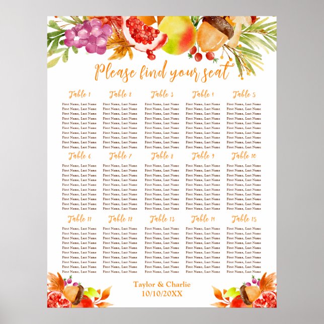 Autumn Fall Harvest 15 Tables Seating Chart (Front)