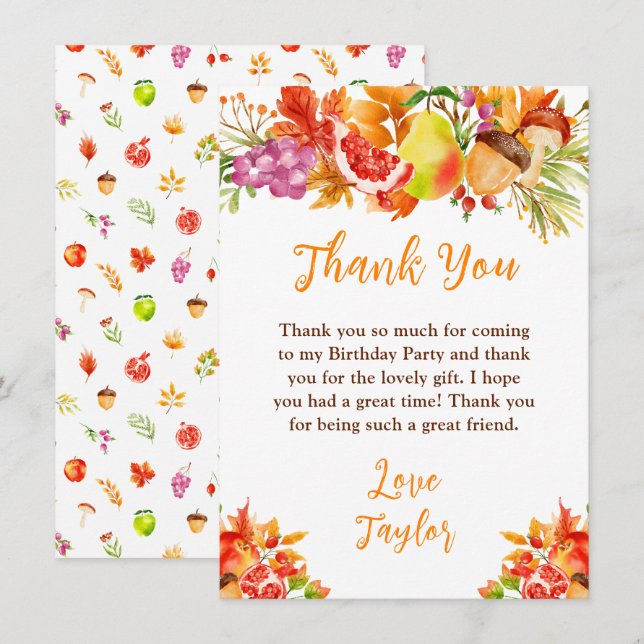 Autumn Fall Harvest Birthday Party Thank You Card (Front/Back)