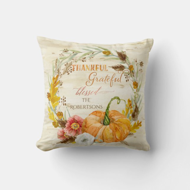 Autumn Fall Harvest Seasonal Decor Pumpkin Wreath Throw Pillow (Front)
