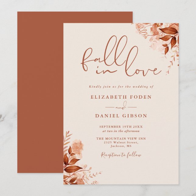 Autumn Fall In Love Floral Terracotta Wedding Invitation (Front/Back)