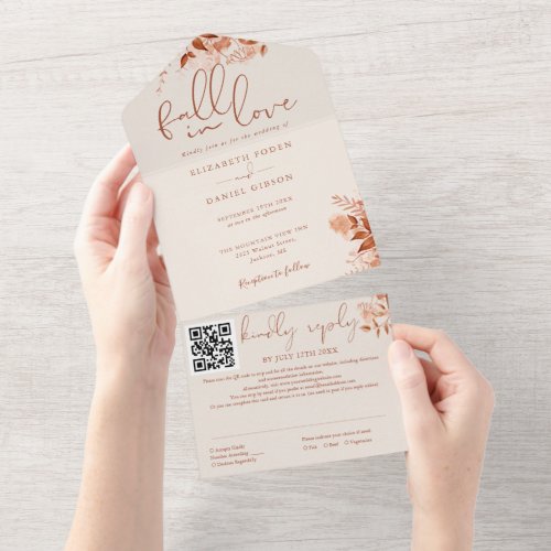 Autumn Fall In Love Rustic Floral QR Code Wedding All In One Invitation