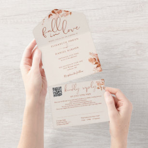 Autumn Fall In Love Rustic Floral QR Code Wedding All In One Invitation