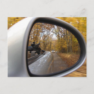 AUTUMN / FALL IN THE REAR VIEW MIRROR SPORTS CAR POSTCARD