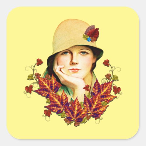 Autumn Fall Leaf Lady Pinup Girl Art Square Sticker