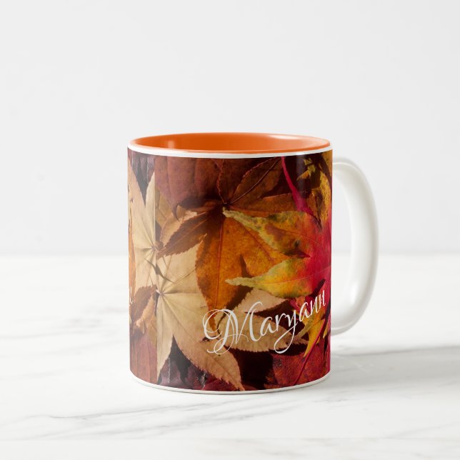 Autumn Fall Leaf Maple Add Name Two-Tone Coffee Mug (Front Right)