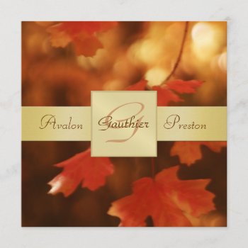 Autumn Fall Leaf Monogram Gold Ribbon Invitation by theedgeweddings at Zazzle