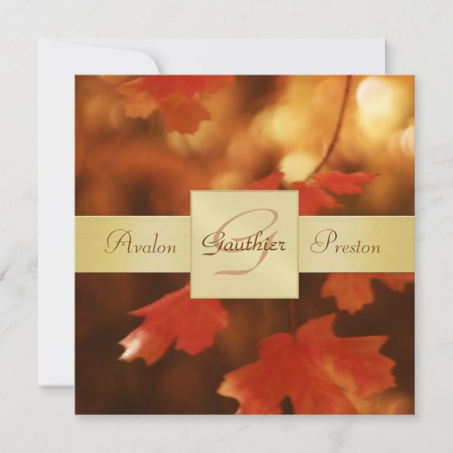 Autumn Fall Leaf Monogram Gold Ribbon Invitation (Front)