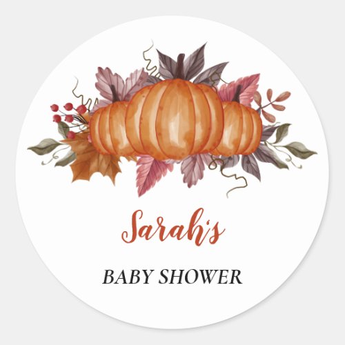 Autumn fall leaf Pumpkin Baby Shower Custom name Classic Round Sticker