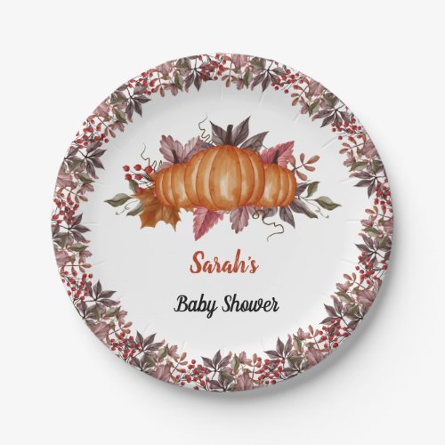 Autumn fall leaf Pumpkin Baby Shower Custom name Paper Plates